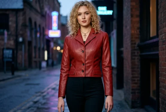Buffy style cropped red leather jacket for women