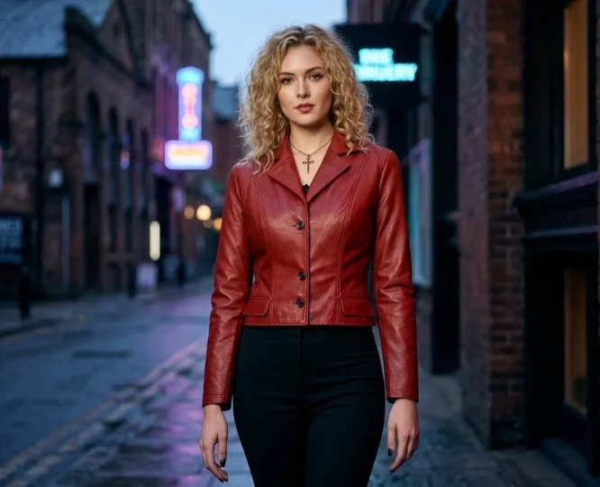 Buffy style cropped red leather jacket for women