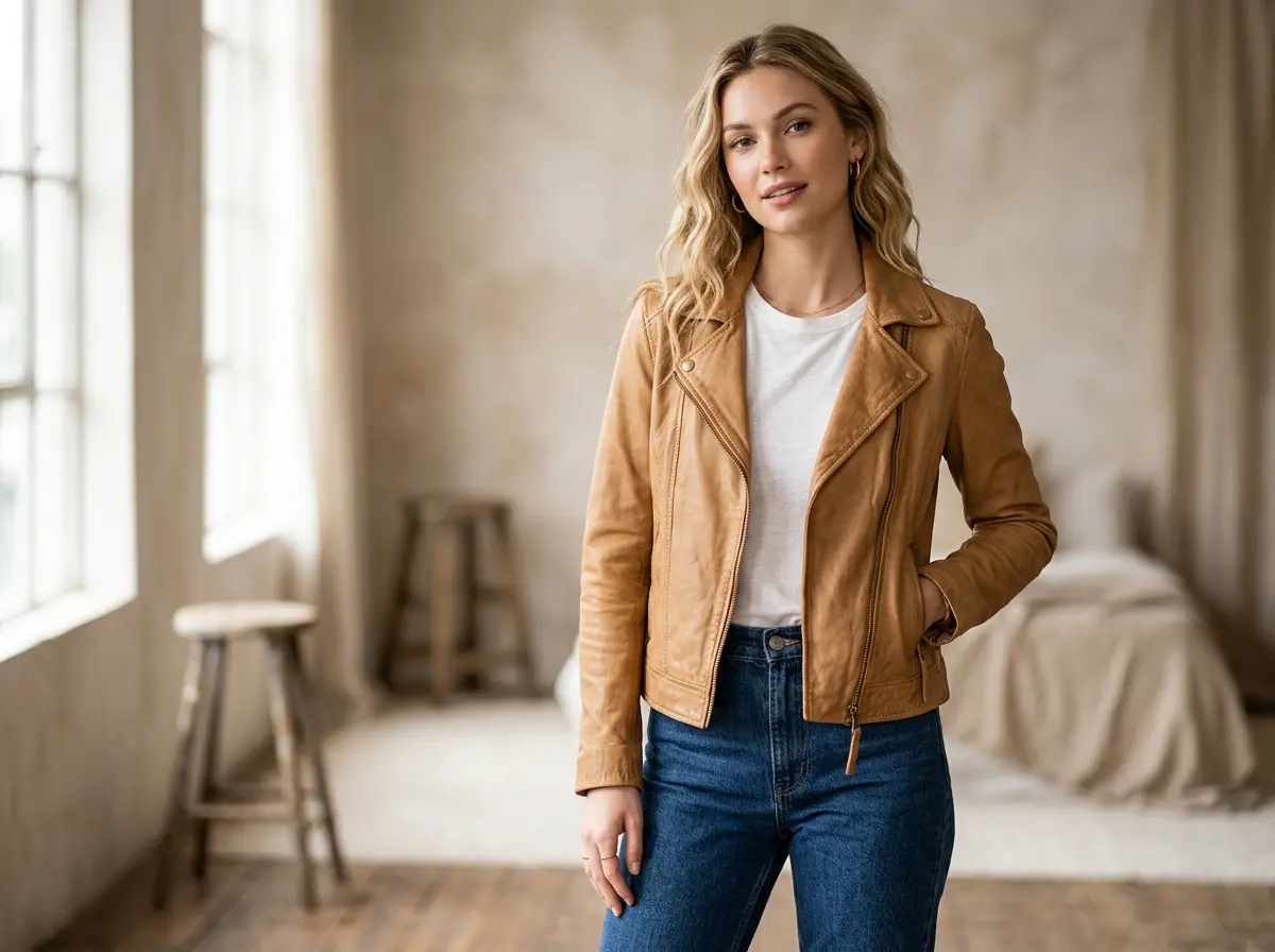 Camel leather jacket in light golden tan-brown shade for women