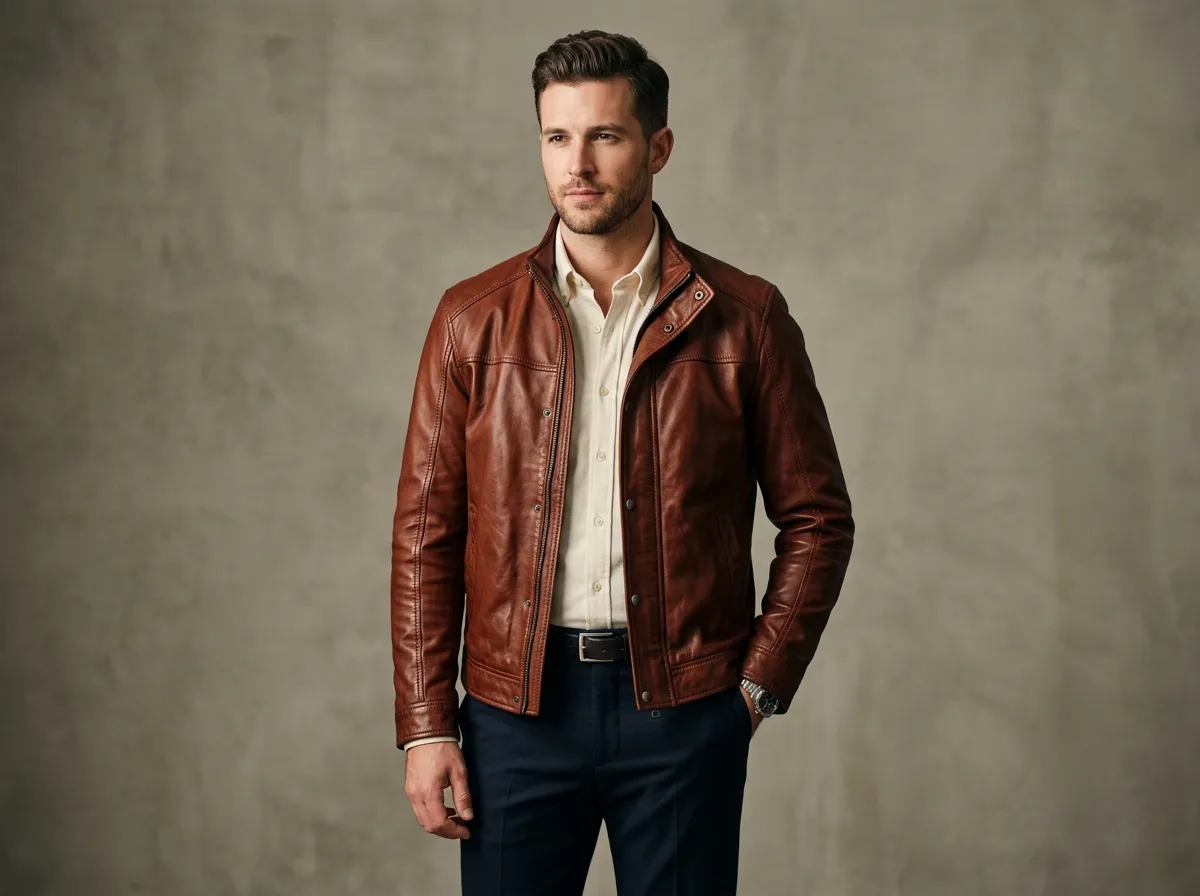Cognac leather jacket in warm reddish-brown shade