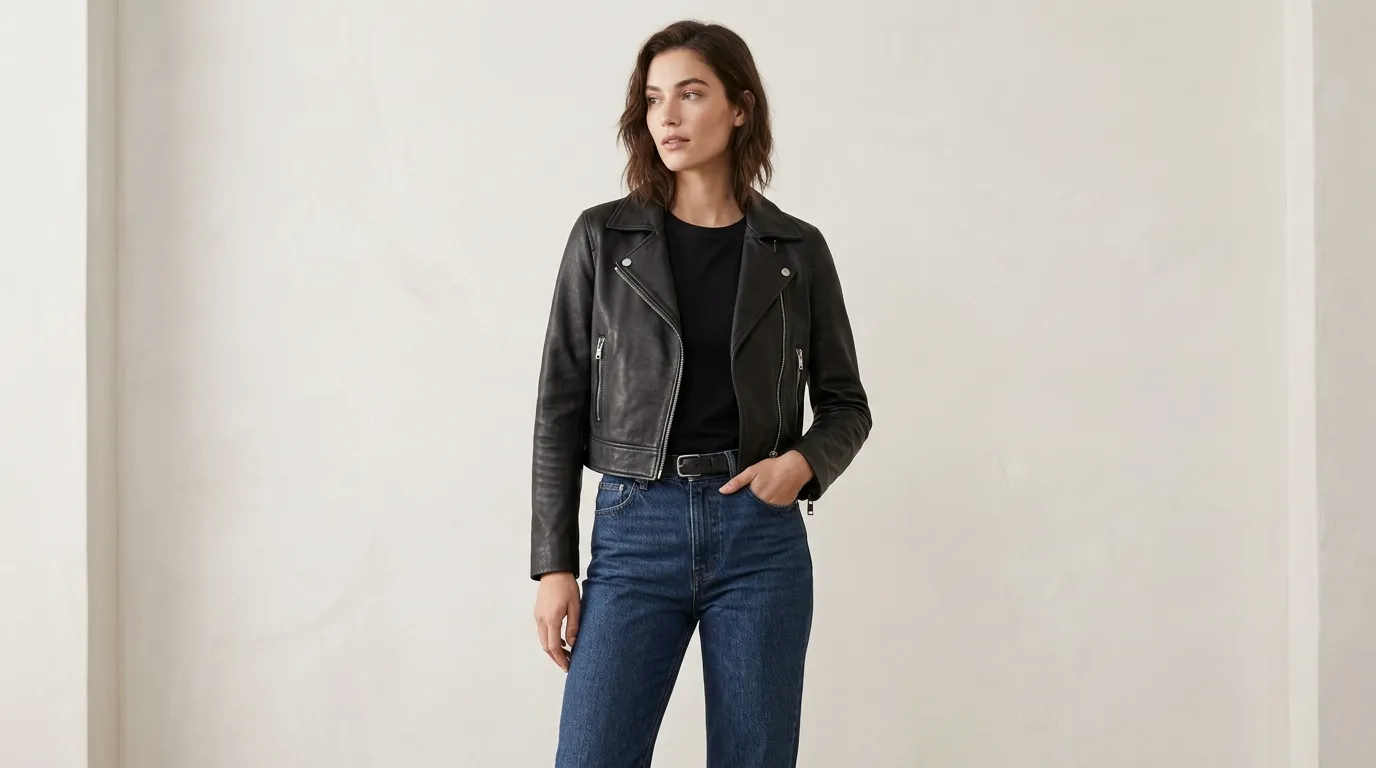 Cropped women's leather jacket with high-waisted jeans