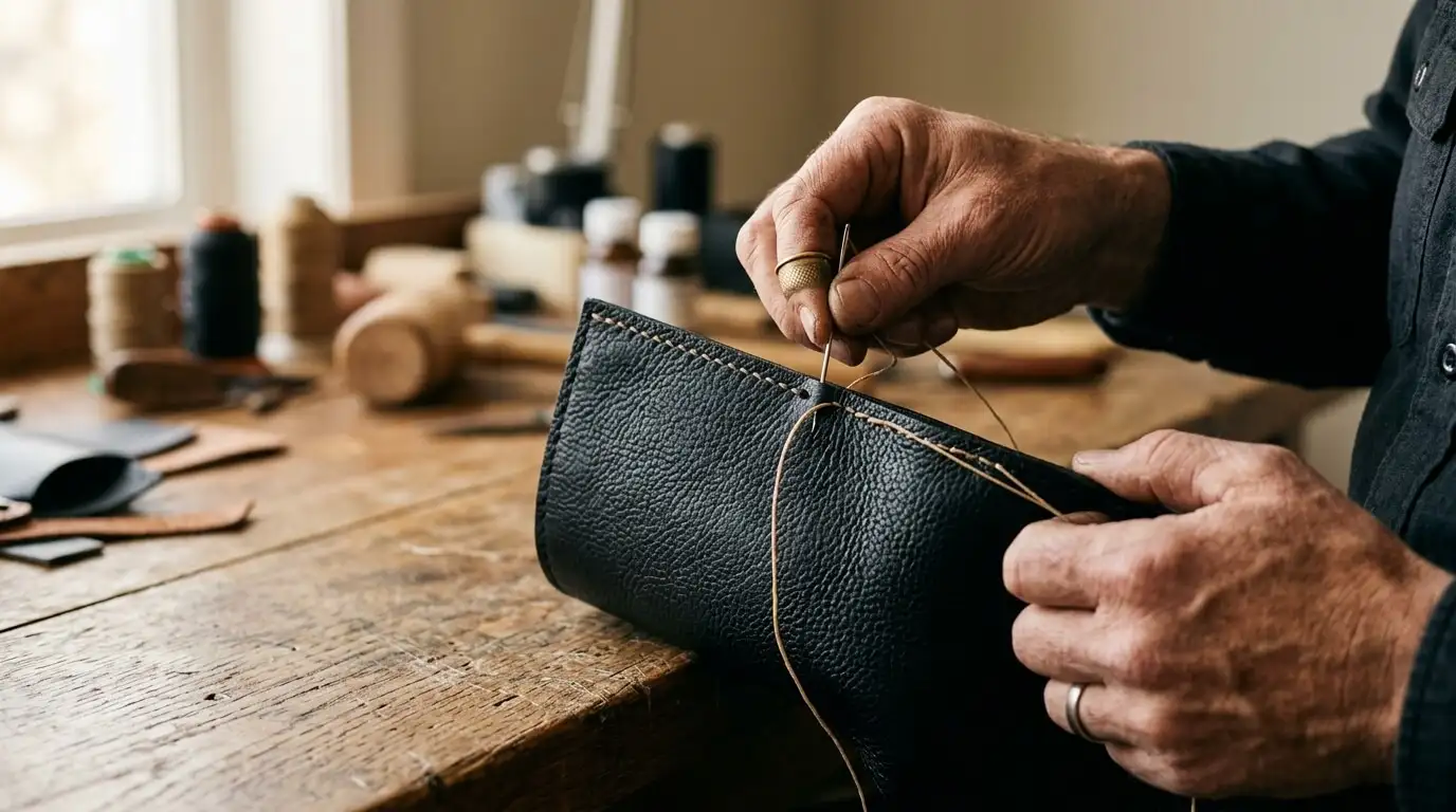 Artisan hand-stitching a custom leather jacket