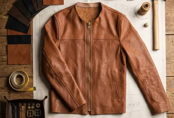 Custom leather jacket design flat-lay with leather swatches and hardware