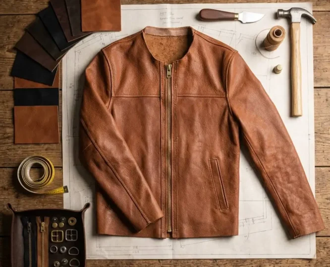 Custom leather jacket design flat-lay with leather swatches and hardware