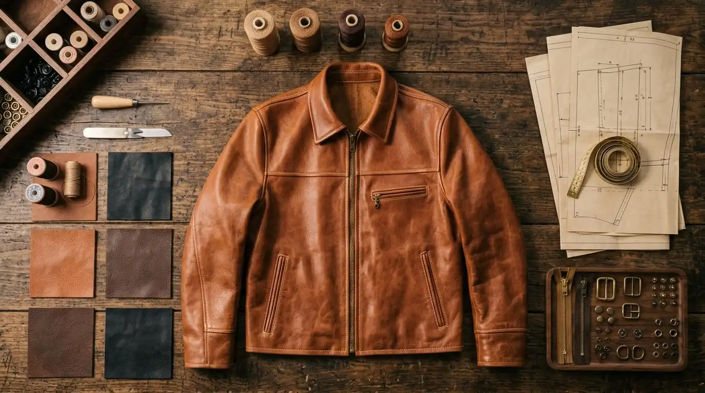 Custom leather jacket design flat-lay with leather swatches and hardware