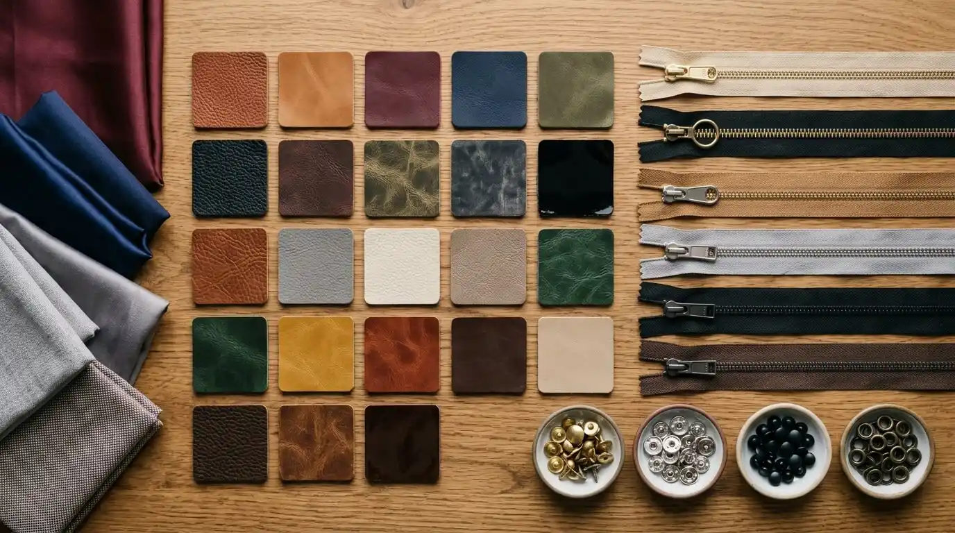 Custom leather jacket options: leather swatches, hardware and lining