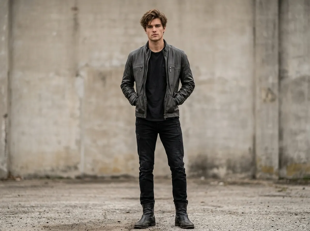 How to style a Damon Salvatore black leather jacket with dark tee and jeans