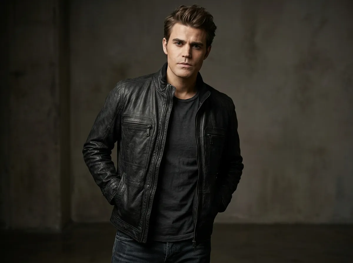 Damon Salvatore style rugged lived-in black leather jacket