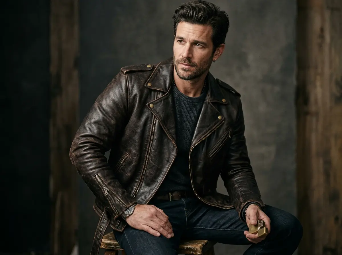 Dark brown leather biker jacket in deep espresso shade