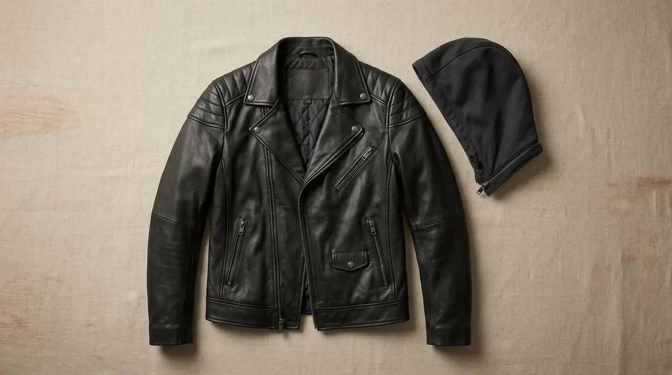 Leather jacket with detachable hood shown unzipped