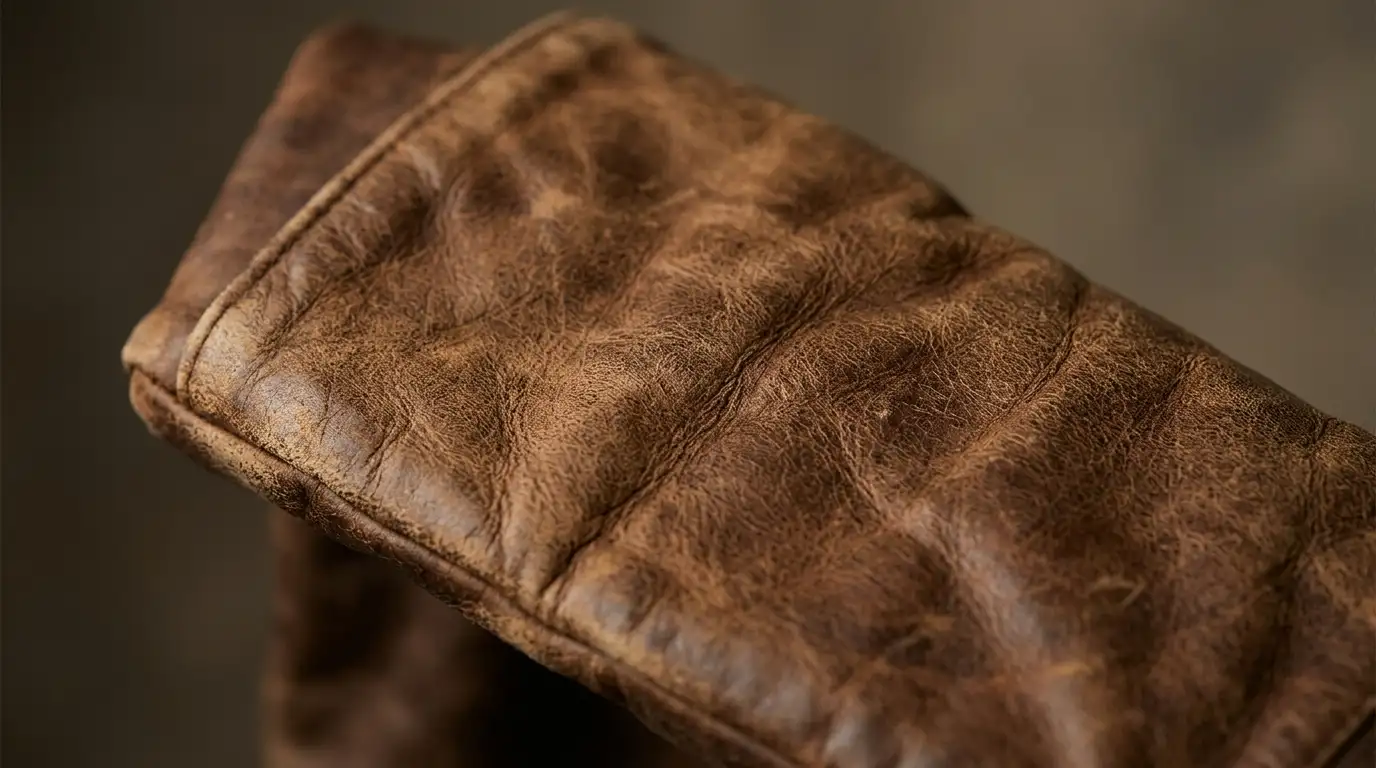 Detail of distressed brown leather with worn patina and creasing