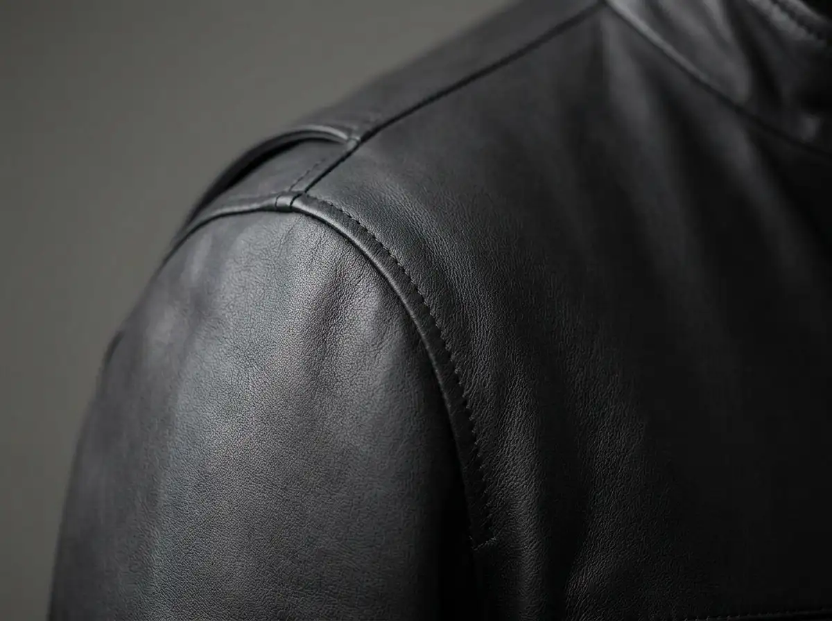 Detail of a structured black leather jacket shoulder and clean finish
