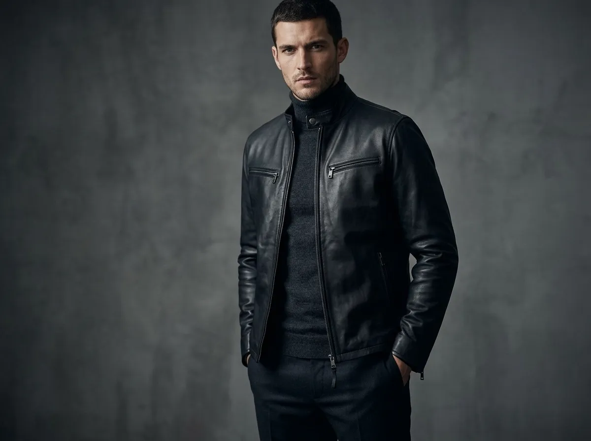 How to style a Henry Cavill black leather jacket with tee and jeans