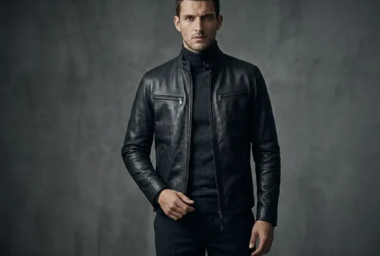 Henry Cavill style structured fitted black leather jacket
