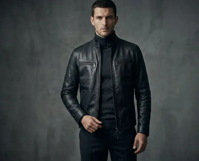 Henry Cavill style structured fitted black leather jacket