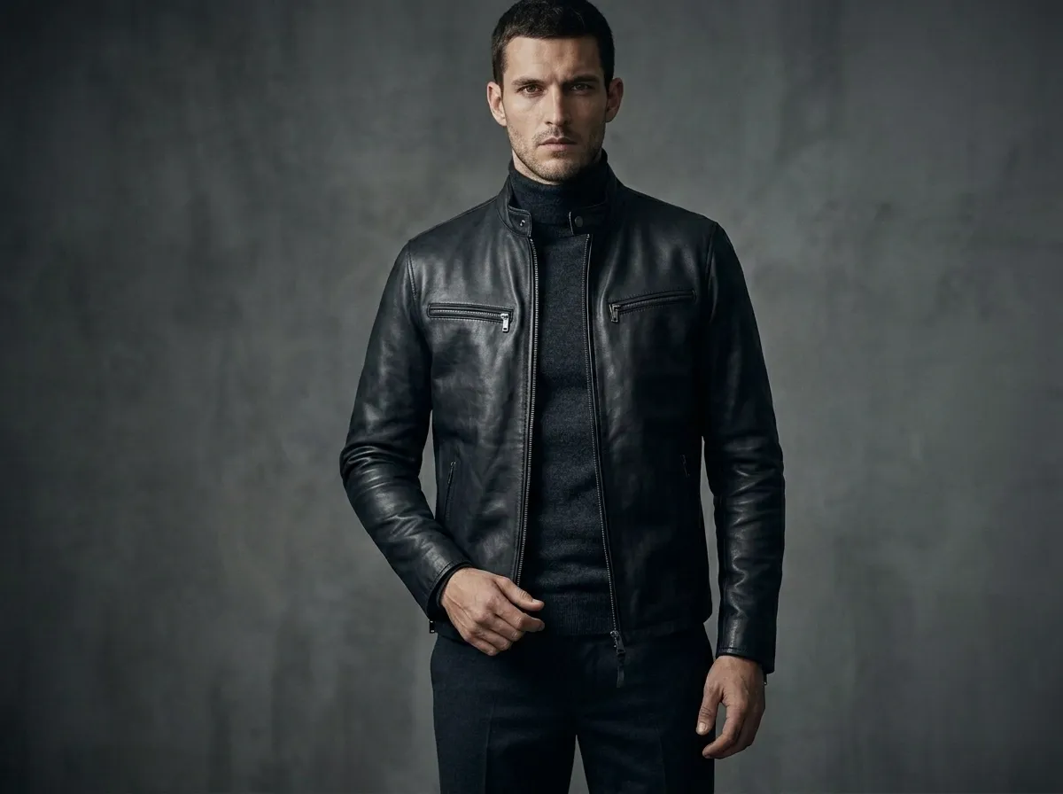 Henry Cavill style structured fitted black leather jacket
