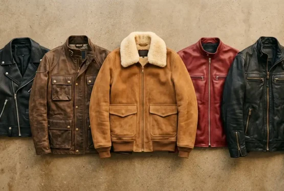 Collection of iconic celebrity leather jackets in black, brown, tan and red
