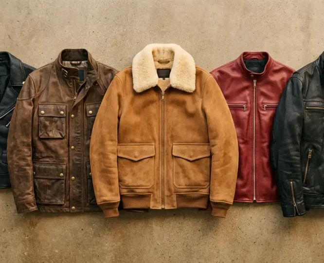 Collection of iconic celebrity leather jackets in black, brown, tan and red