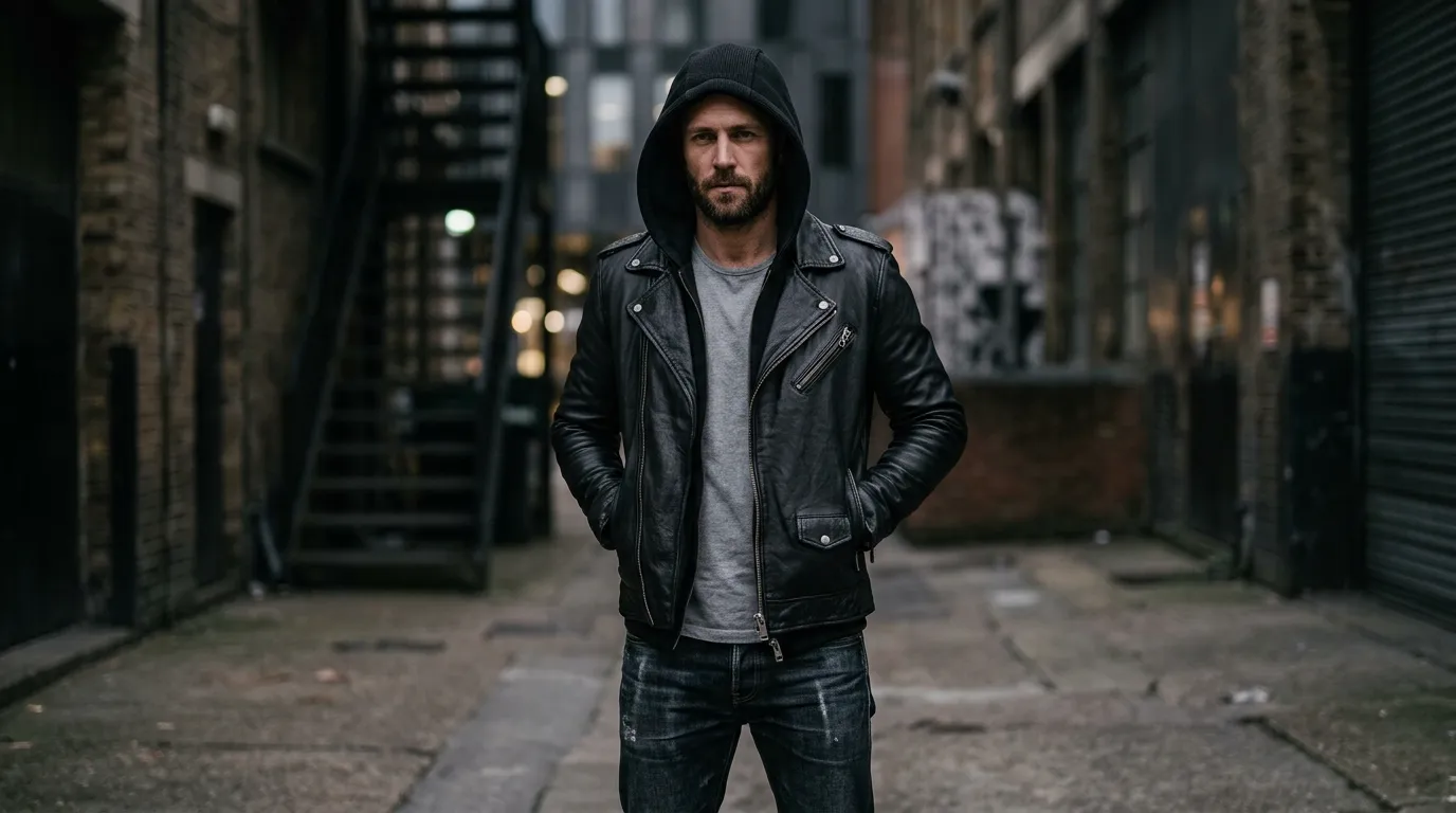 Hooded leather jacket with the hood up in black