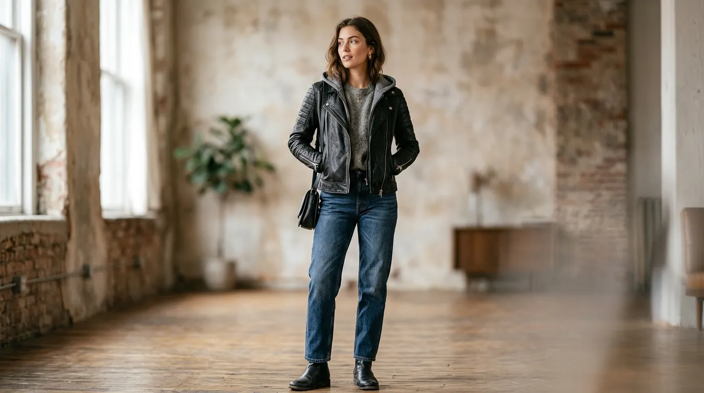 Womens hooded leather jacket styled with knit and jeans