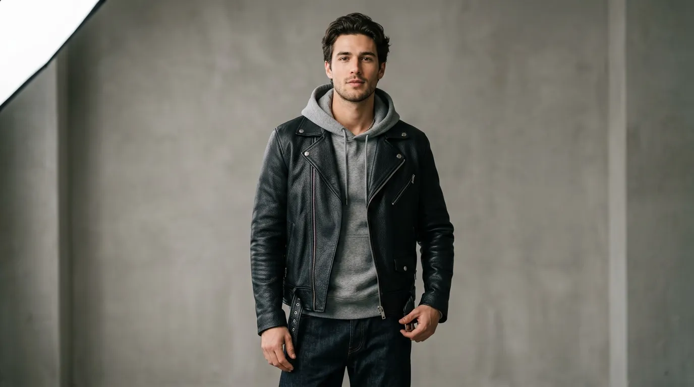 How to layer a hoodie under a leather jacket, grey under black