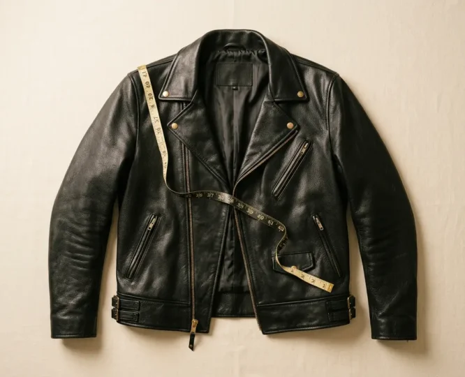 Leather jacket size guide flat-lay with measuring tape across the chest