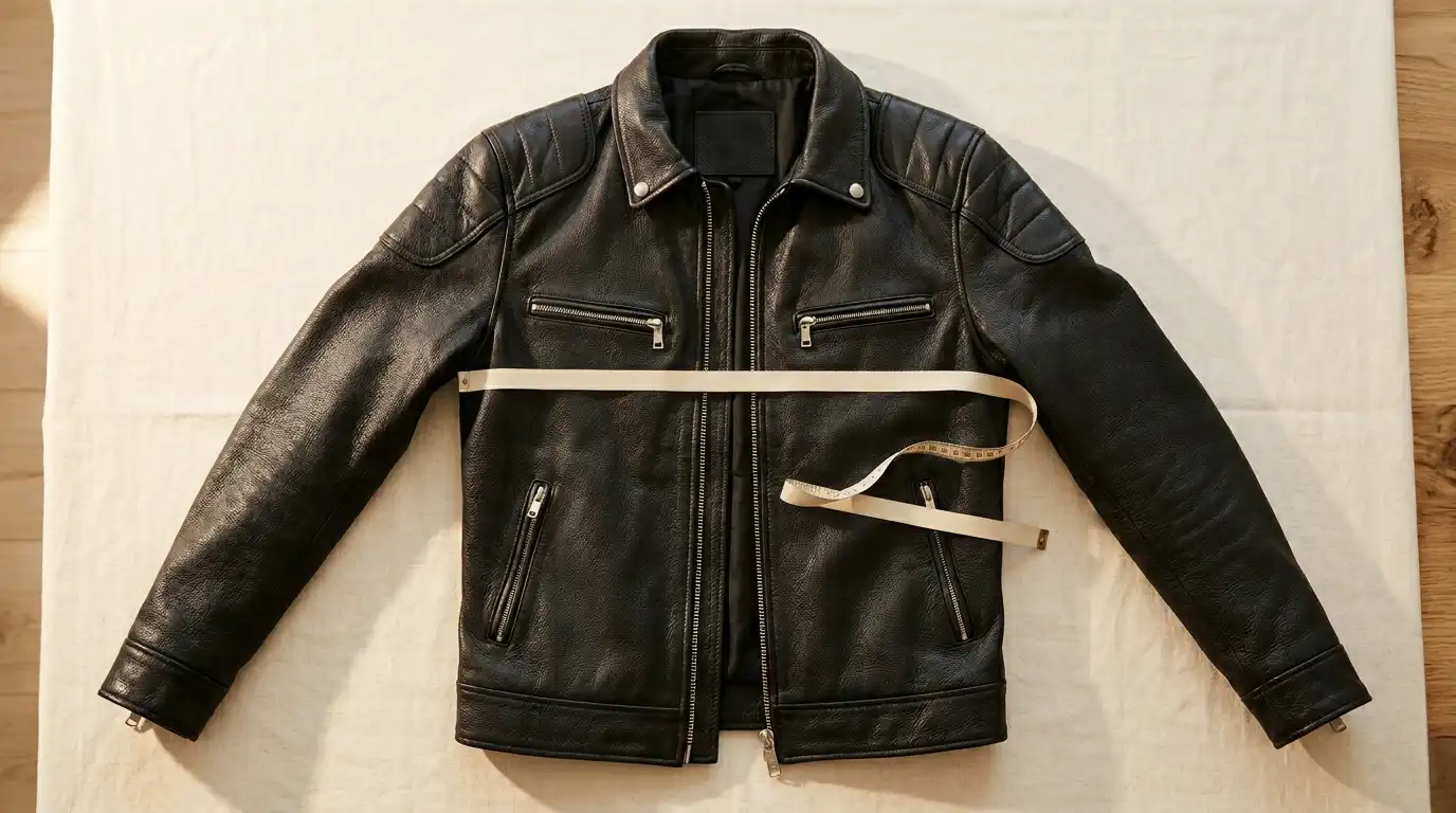 Leather jacket size guide flat-lay with measuring tape across the chest