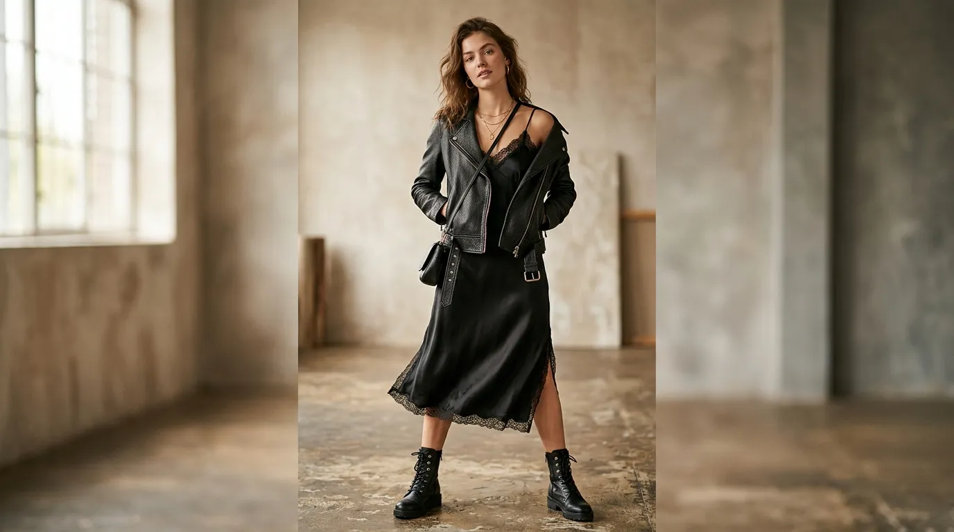 Women's leather jacket styled over a dress
