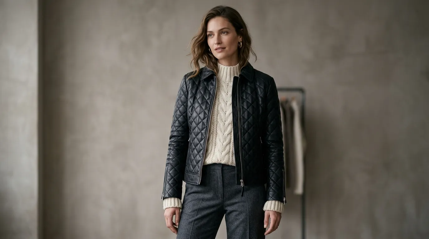 Quilted women's leather jacket styled for winter