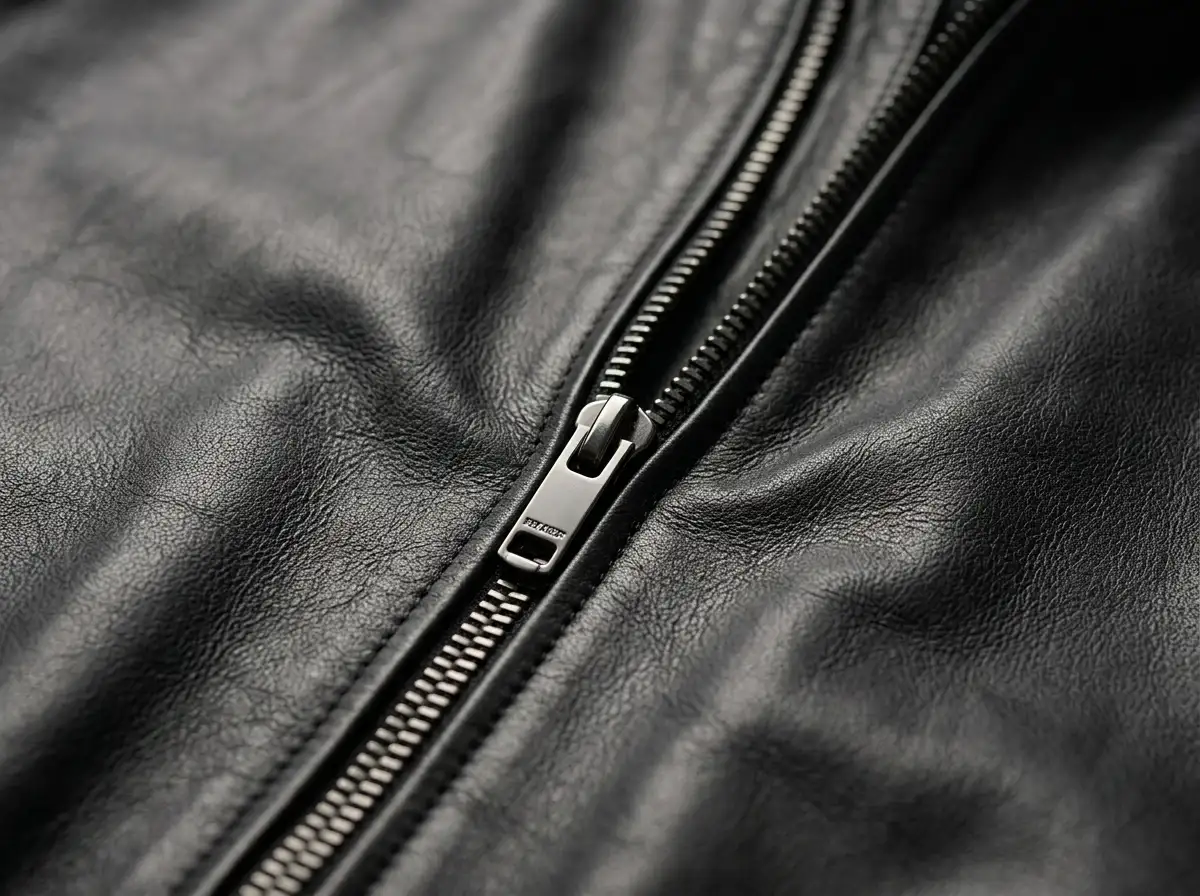 Detail of supple black genuine leather jacket with front zip