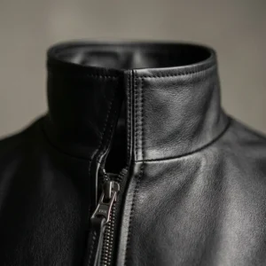 Detail of a structured stand up collar on a leather jacket