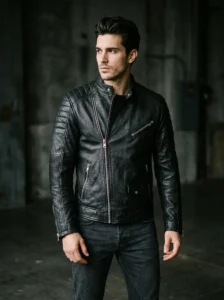 Stand collar biker leather jacket with asymmetric zip