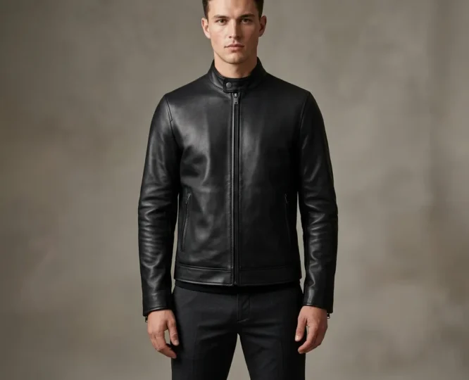 Stand collar leather jacket with a clean upright collar