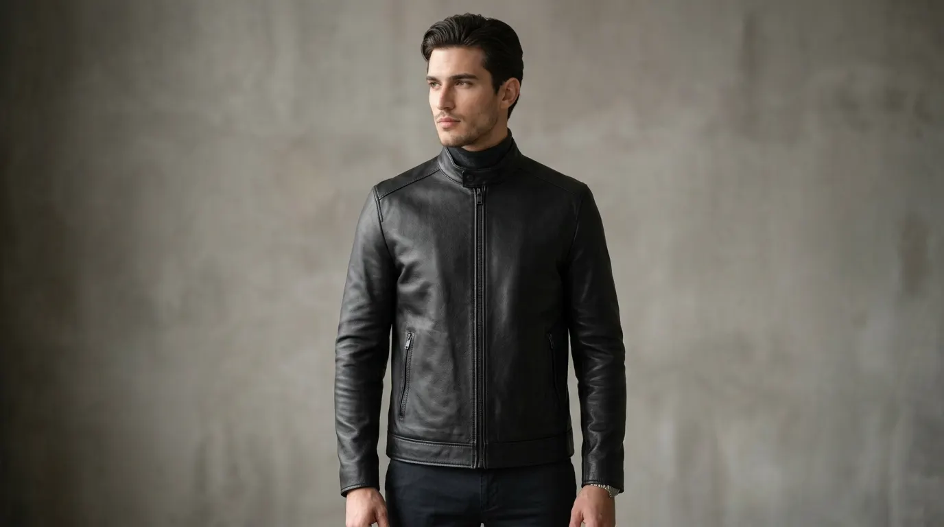 Stand collar leather jacket with a clean upright collar