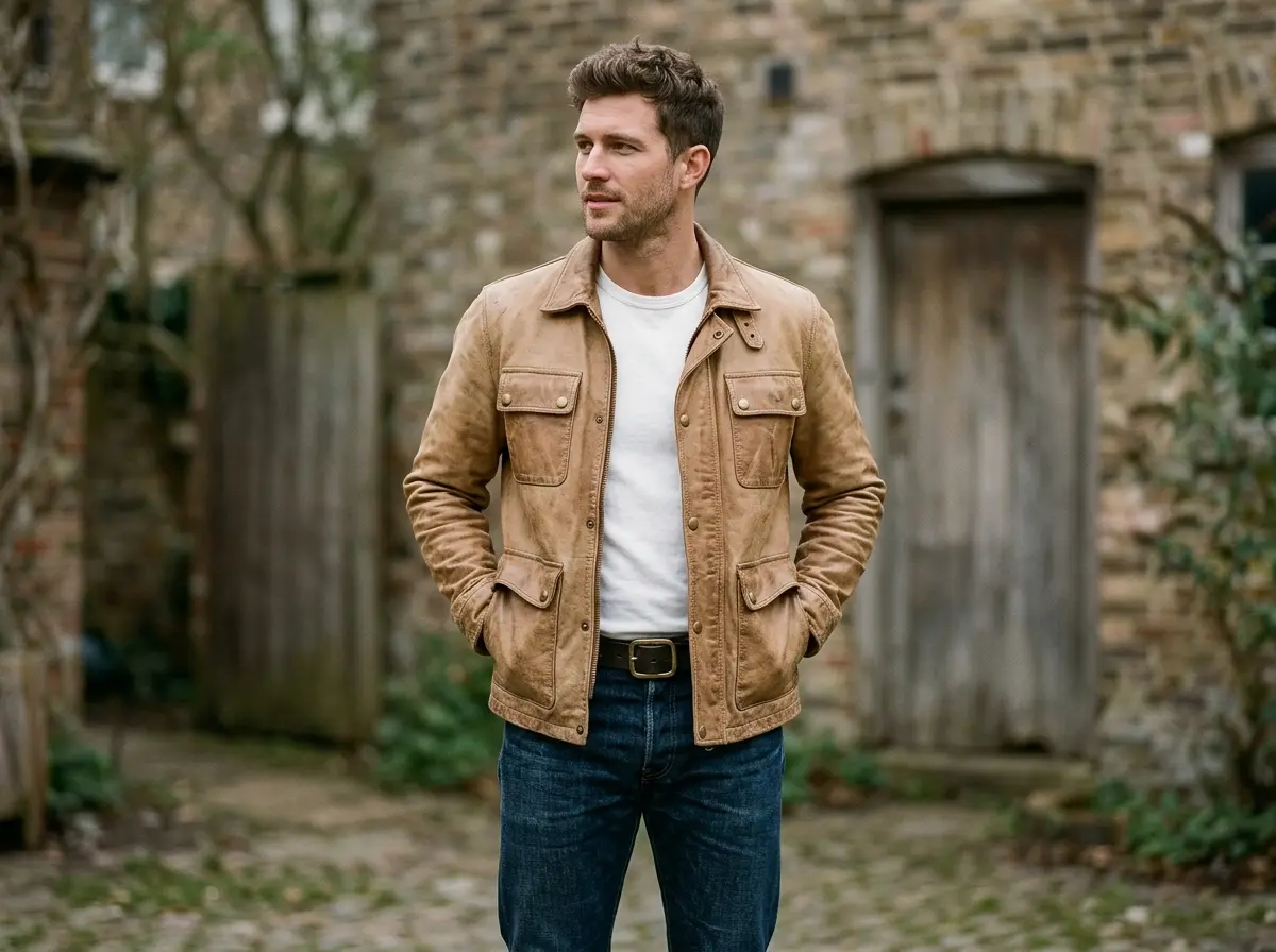 Tan leather jacket in vintage sun-faded light brown