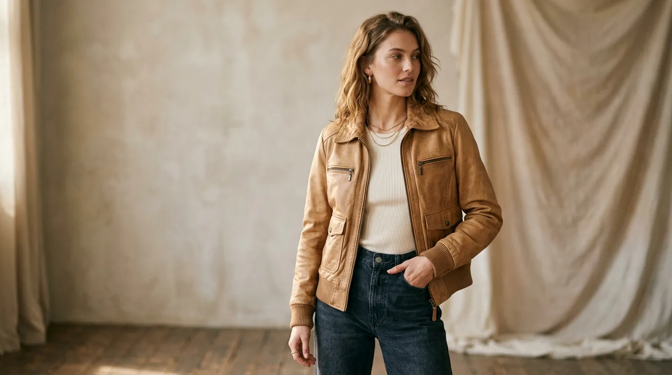 Vintage camel leather jacket in soft light brown retro style