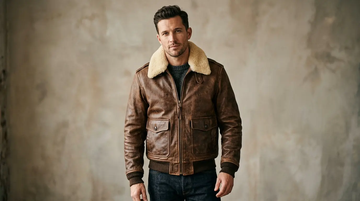 Vintage leather bomber flight jacket with shearling collar