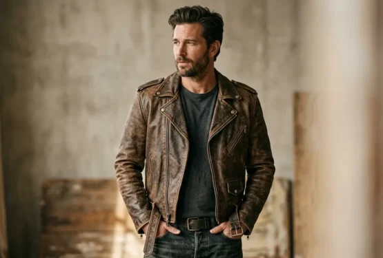 Vintage distressed brown leather biker jacket with worn-in patina