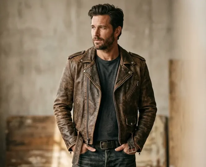 Vintage distressed brown leather biker jacket with worn-in patina