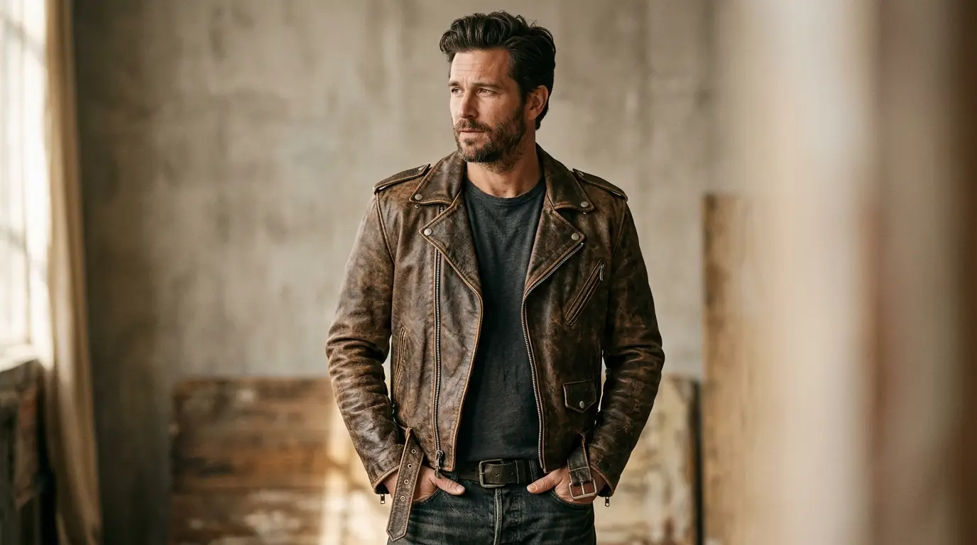 Vintage distressed brown leather biker jacket with worn-in patina