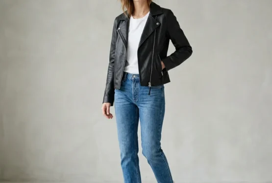 Women's black leather biker jacket styled with white tee and jeans
