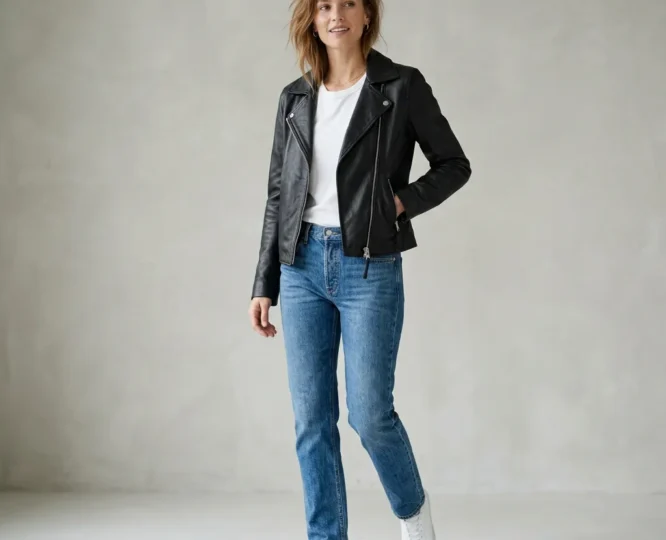 Women's black leather biker jacket styled with white tee and jeans