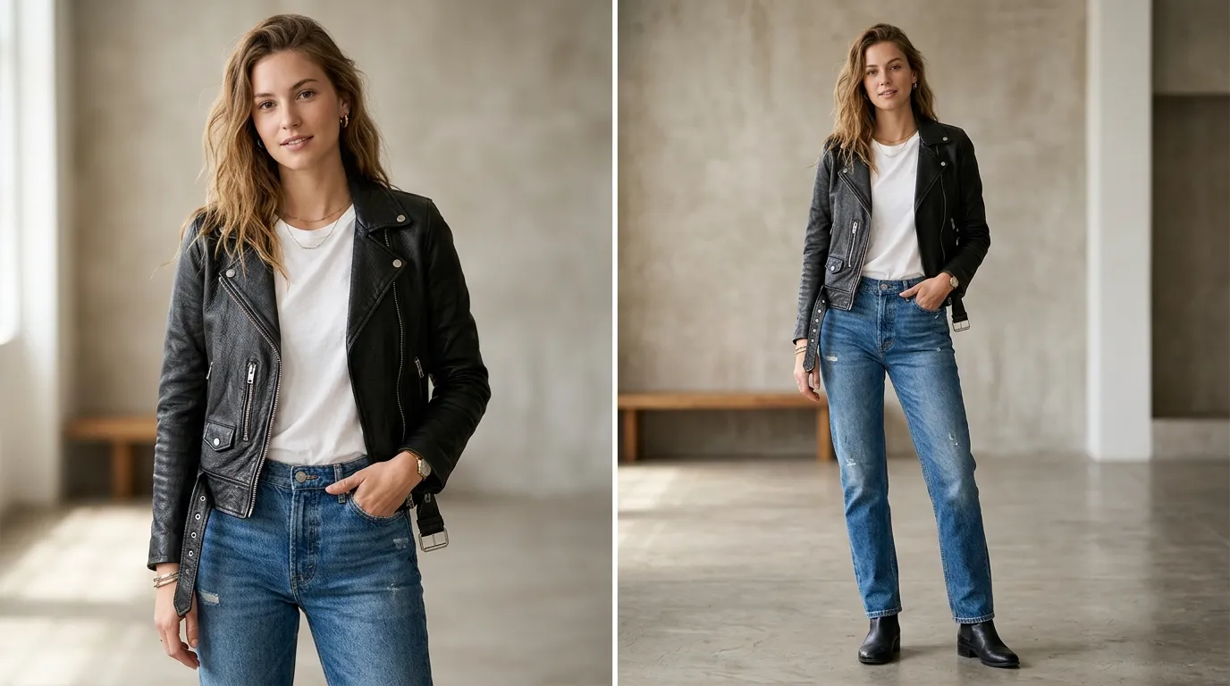 Women's black leather biker jacket styled with white tee and jeans