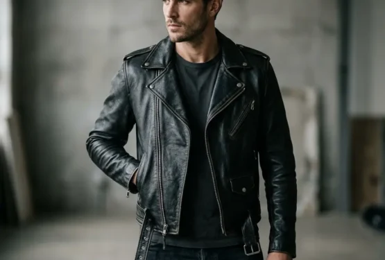 Classic black biker leather jacket with asymmetric zip