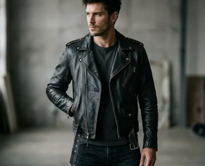 Classic black biker leather jacket with asymmetric zip