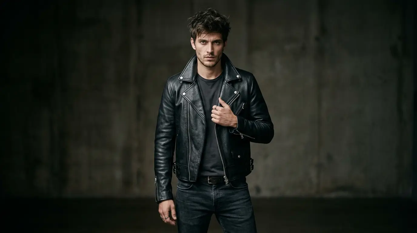 Classic black biker leather jacket with asymmetric zip