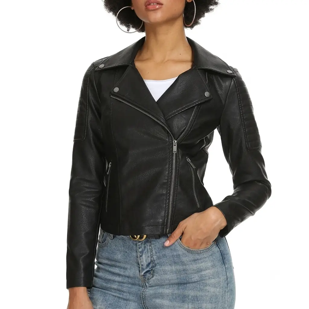 Women's black leather motorcycle jacket with quilted arms and asymmetric zip