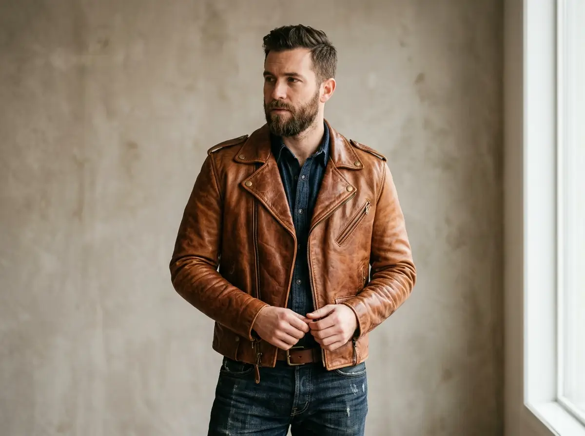 Brown leather biker jacket in warm cognac