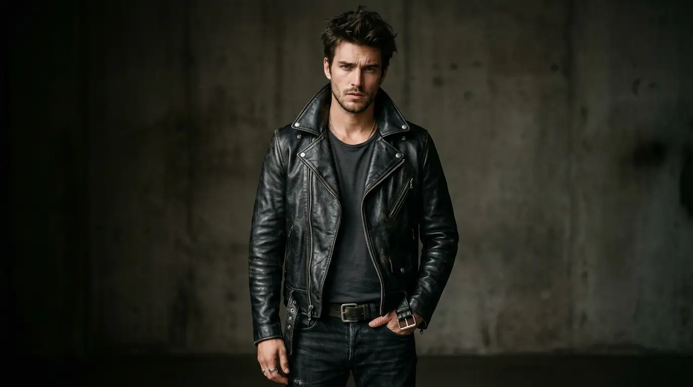 Classic lapel collar leather jacket with collar popped up