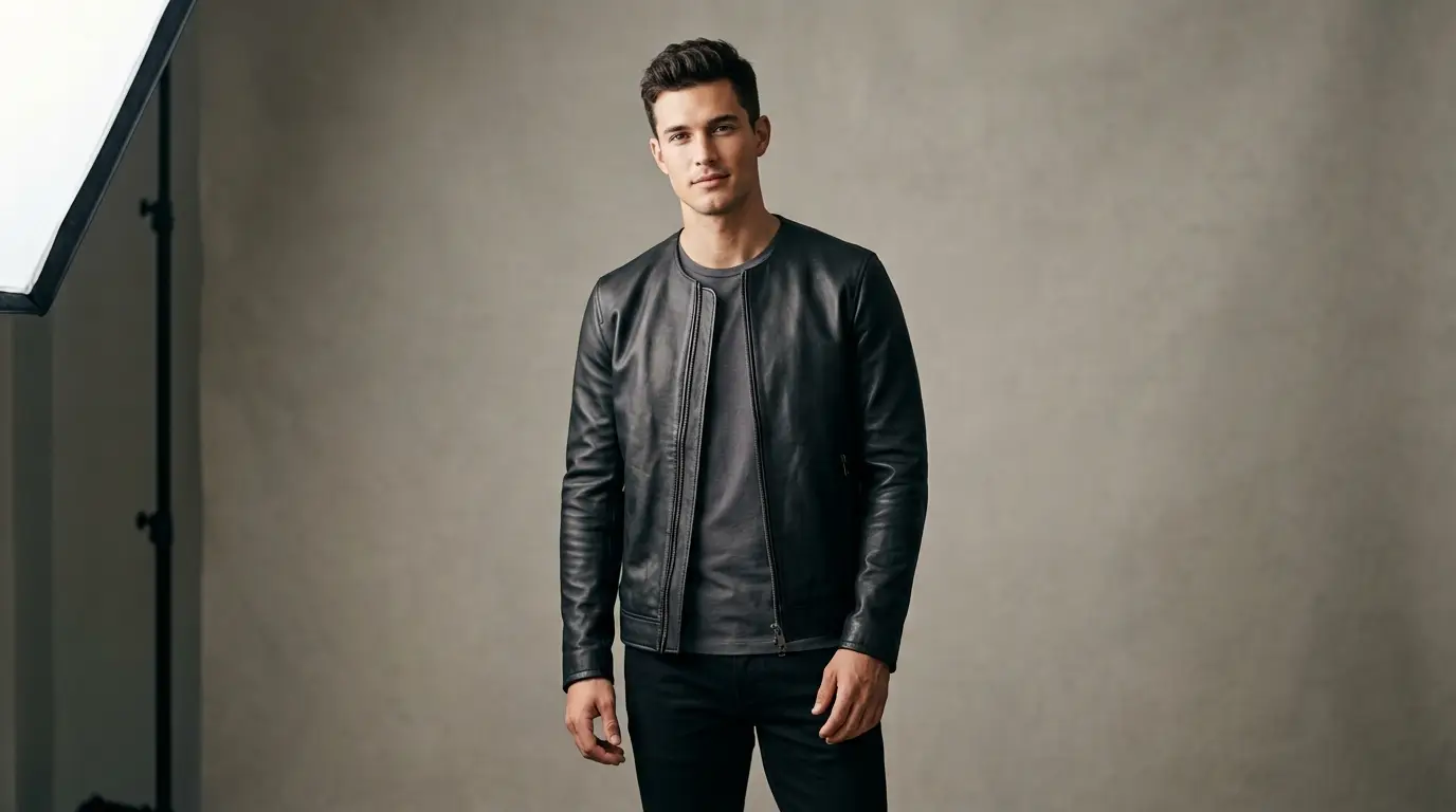 Collarless minimalist black leather moto jacket